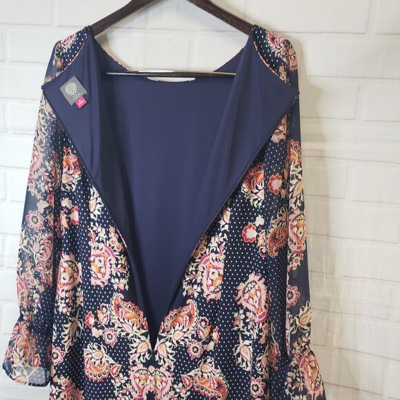 Pretty Womens XL 14 Vince Camuto Navy Floral Midi Dress Boat Neck - Picture 4 of 7